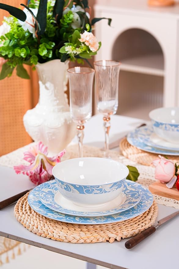 FHGNYSM Light Blue Porcelain Dinnerware Set,12-Piece Plates and Bowels set | Vitage Floral Scroll Pattern, Service for 4, Elegant Classic Kitchen Dish Set for Wedding, Party & Everyday Use