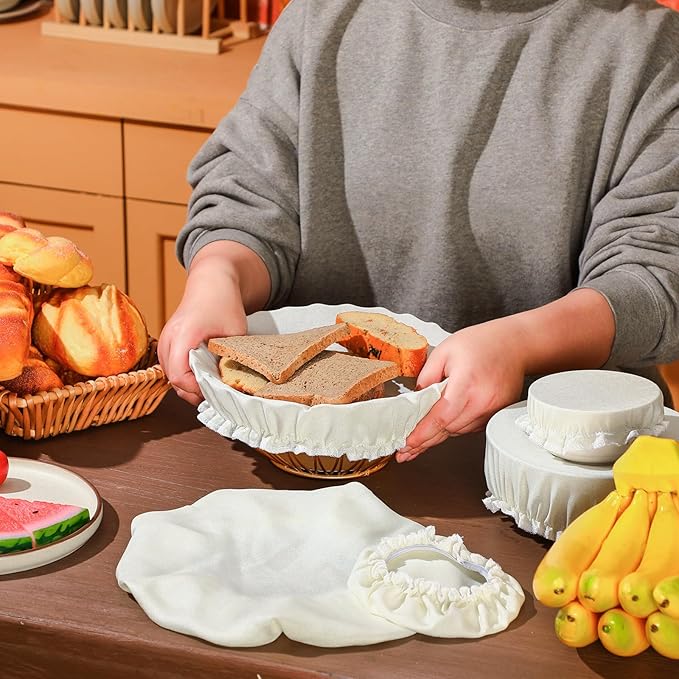 Patelai 10 Pcs Bowl Covers Reusable in 5 Size Stretch Cloth Fabric Elastic Food Storage Bowl Covers Bread Sourdough Lids for Proofing Food Fruits Leftover(White,Ivory Style)