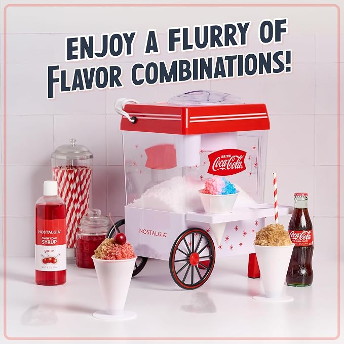 Nostalgia Coca-Cola Snow Cone Machine – Retro Table-Top Snow Cone Maker with Stainless Steel Blades – Slushie Machine Includes 2 Reusable Plastic Cups & Ice Scoop, Makes 20 ICY Treats - White & Red