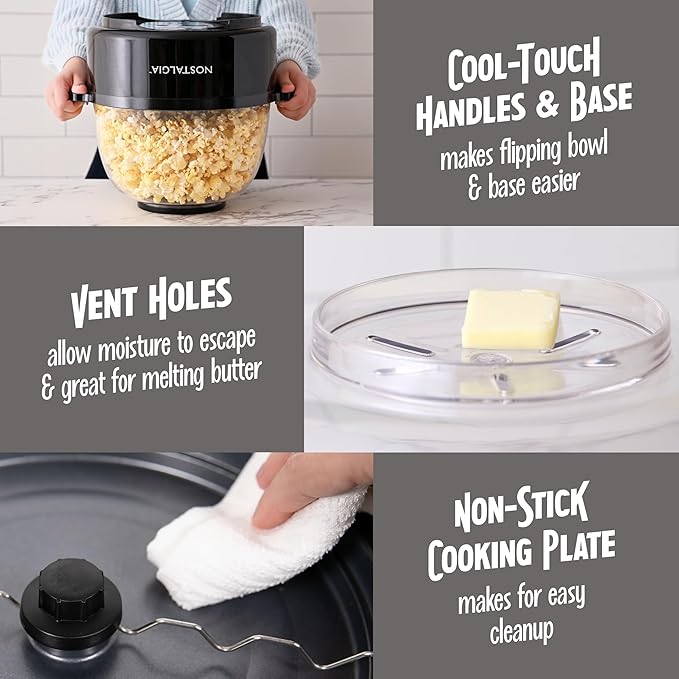 Nostalgia Non Stick Stirring Popcorn Maker for 24 Cups of Theatre Style Popcorn with Hot Oil - Dual-Use Lid & Serving Bowl - Quick Heat Technology & Cool Touch Handles - Ez Store - Black