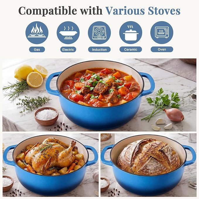 DUMOS Cast Iron Dutch Oven, 6 Quart Pot with Lid, Enameled Heavy Duty Cookware, Oven Safe to 500°F, Perfect for Bread Baking, Braising, Stews and Roasting, Moisture Sealing Lid with Dual Handles, Gradient Blue