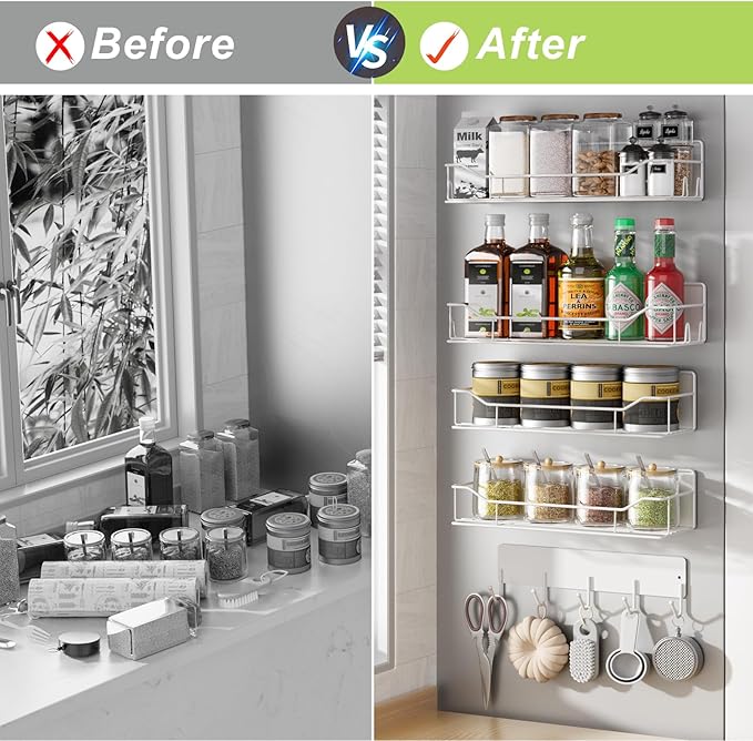 Magnetic Spice Rack for Refrigerator, 5 Pack Metal Strong Magnet Spice Organizer Shelves with Hook Rack, Space Saving Magnetic Fridge Shelf for Home Kitchen Organization and Storage (White)