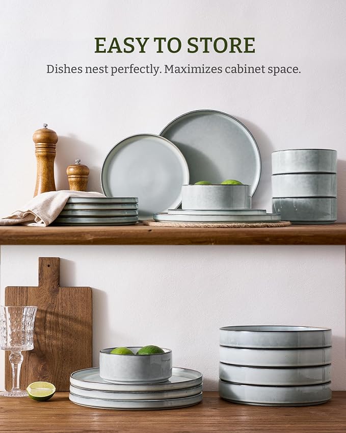 Famiware Annecy Plates and Bowls Sets, Service for 4 (16 Pieces), Dinnerware Sets with Pasta Bowls, Microwave and Dishwasher Safe Dishes Set, Chip and Scratch Resistant, Grey Blue
