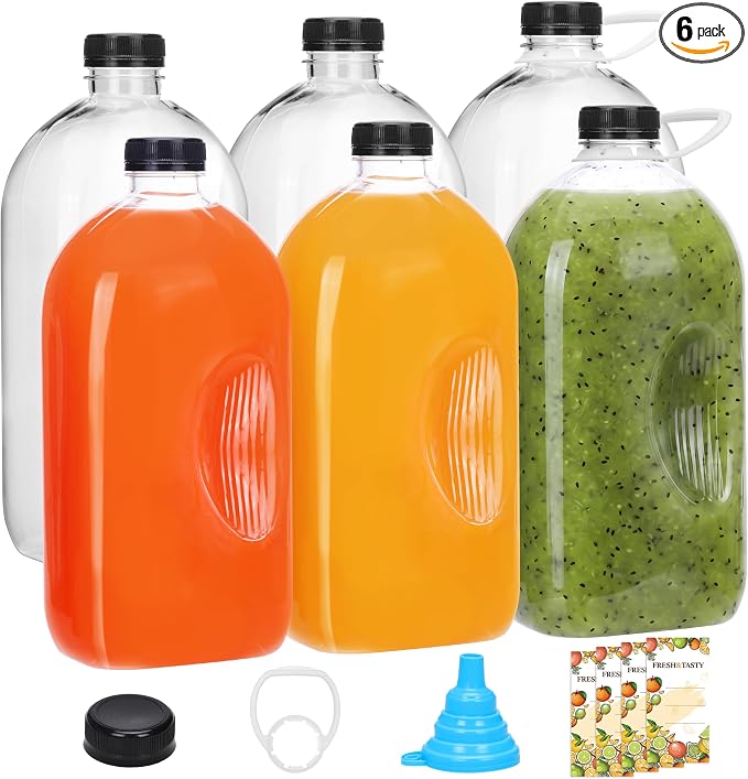 TOMNK 6pcs Juice Bottles, 64oz Reusable Plastic Juice Bottles with Caps and Labels, Funnel, Brush Beverage Containers for Juicing, Smoothies, Tea, Milk
