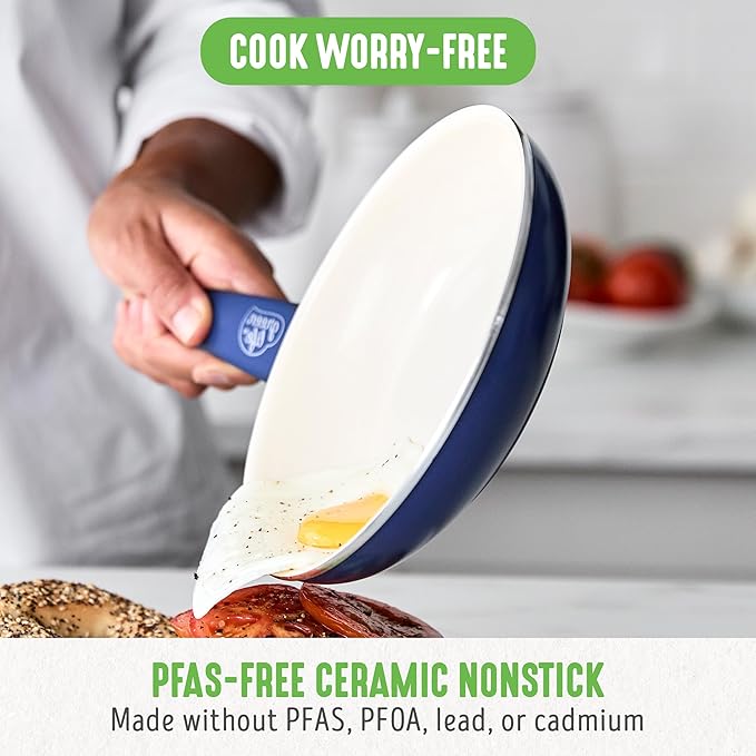 GreenLife 16 Piece Nonstick Cookware Set, Soft Grip Non-Toxic PFAS-Free Ceramic Pots & Pans, Dishwasher & Oven Safe, Frying, Sauce, Saute, Utensils, Glass Lids, Stay-Cool Handles, Wobble Free, Blue