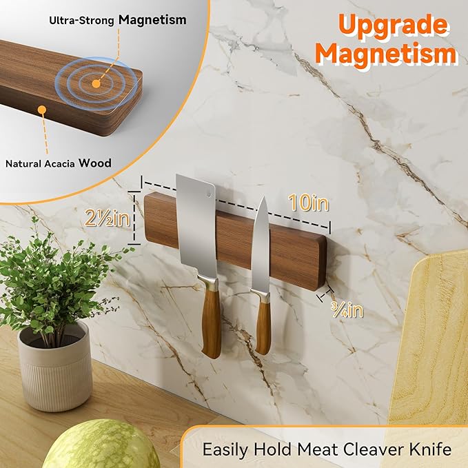 Magnetic Knife Holder for Wall, Acacia Wood Knife Magnetic Strip No Drill Knife Magnet Storage Bar Magnetic Tool Key Holder Strip for Kitchen Utensil Organizer (Dark Brown, 10 Inch)