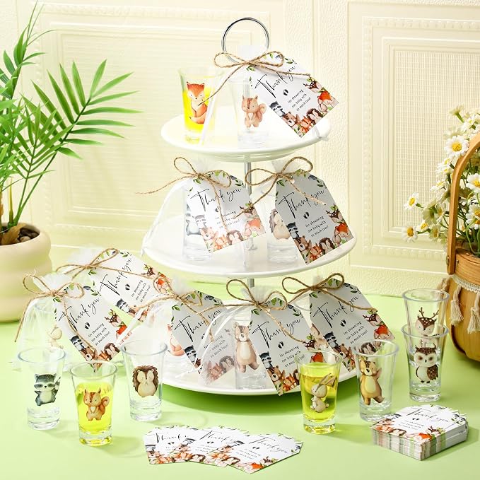 Pickmesh 25 Sets Woodland Baby Shower Party Favors Jungle Animal Shot Glasses with Thank You Tags Bags for Animal Jungle Theme Baby Shower Gender Reveal Party