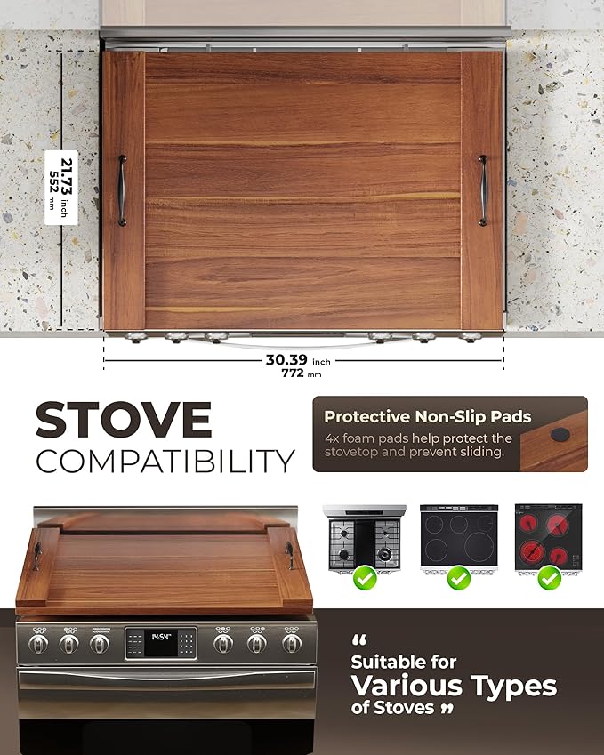 BLUEWEST Noodle Board Stove Cover, Acacia Wood Stove Top Board for Gas Burners and Electric Stove, Extra Thick Wooden RV Stovetop/Sink Cover - Tray for Kitchen Counter Space