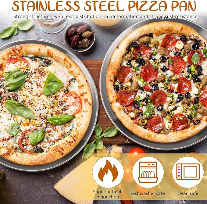 Domensi 7pcs Pizza Pan Riser Stands Sets Includes 1pcs Tiered Tray Stand 3 Stainless Steel Pizza Pan and 3 Wood Handle Knife for Tables Party Restaurant