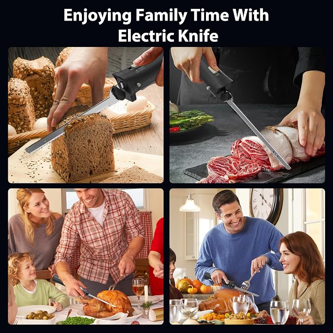 Cordless Electric Knife, Electric Bread Knife with 4 Stainless Steel Blades, Electric Cutting Knife for Cutting Meats, Fish, Poultry, Bread, Cheese & More (Black)