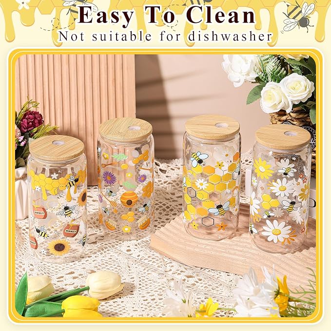 Mumufy 4 Pack Wildflower Glass Cups Gift Aesthetic Cute Glass Cup Tumbler Flower Iced Coffee Mugs 16 oz with Bamboo Lid & Straw, for Wedding Birthday Bridesmaid Mom Baby Shower