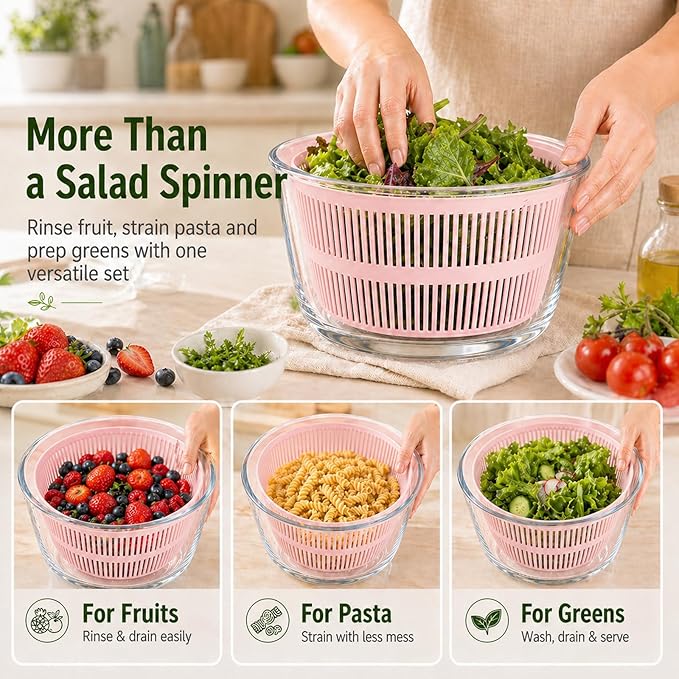 Good Grips 3.2 Qt Glass Salad Spinner Small Vegetable Dryer with Drain Microwave Safe Dishwasher Safe with Transparent Lid Crank Handle Quick Spin Greens Washer for Lettuce Herbs Fruits Pink