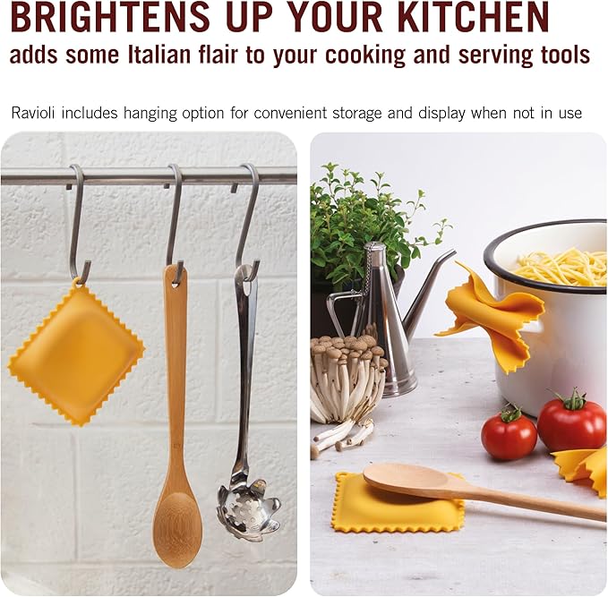 Monkey Business Pasta Shaped Silicone Kitchen Tools in a Gift Box / 2 of Our Big Pasta Shaped Kitchen Gadgets/Farfalloni Shaped Pot Grips, and Ravioli-Shaped Spoon Rest/Pasta Grande No. 2
