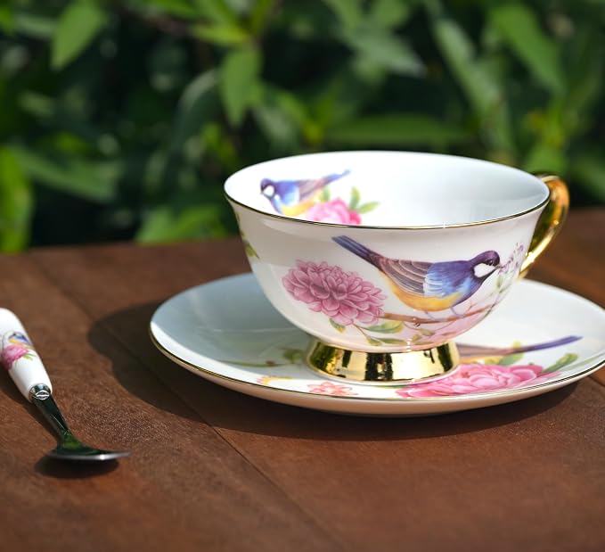 British Coffee Cup 3 Piece Set（6.8oz） Household Fashional Tea Cup with Saucer Spoon (white-magpie)