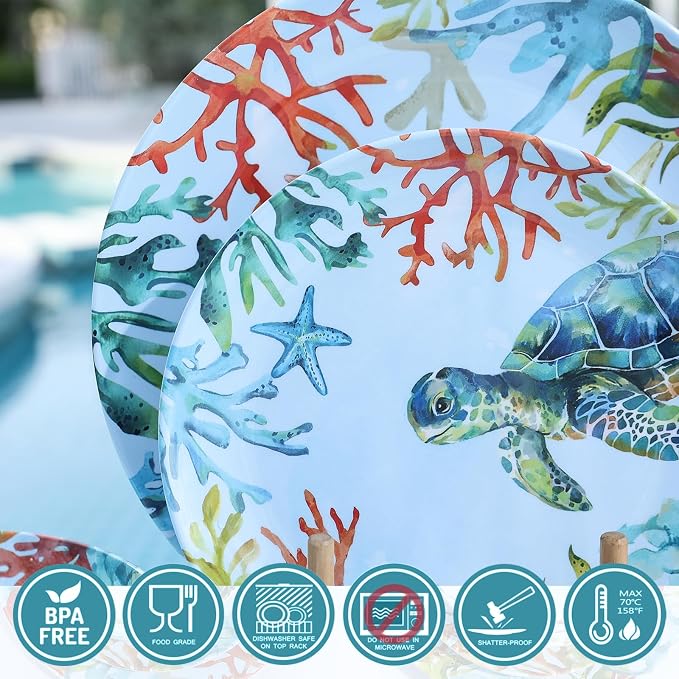 12-Piece Melamine Turtle Dinnerware Set, Ocean Plates and Bowls Sets, Indoor Outdoor Dish Sets for 4, Unbreakable Lightweight Tableware Set - Turtle