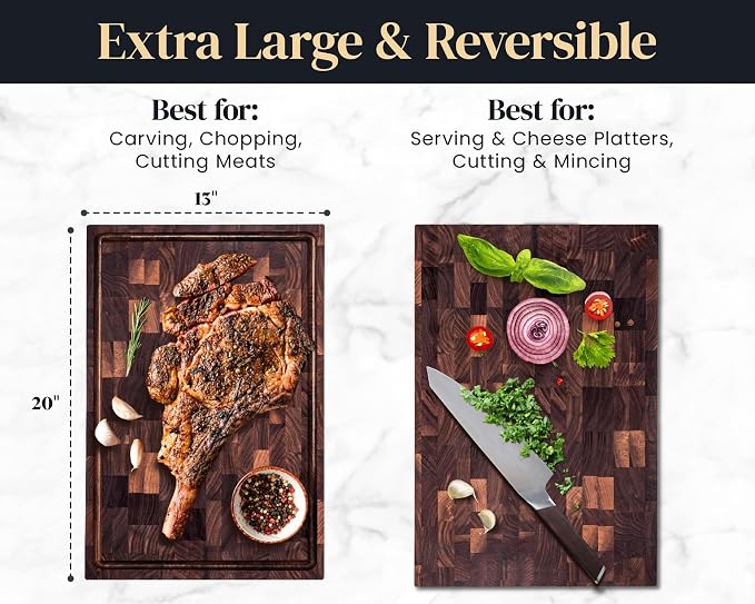 Mevell Walnut End Grain Cutting Board for Kitchen, Reversible Extra Large Wooden Butcher Block With Juice Grooves, Made in Canada (Walnut, 20x13x2)