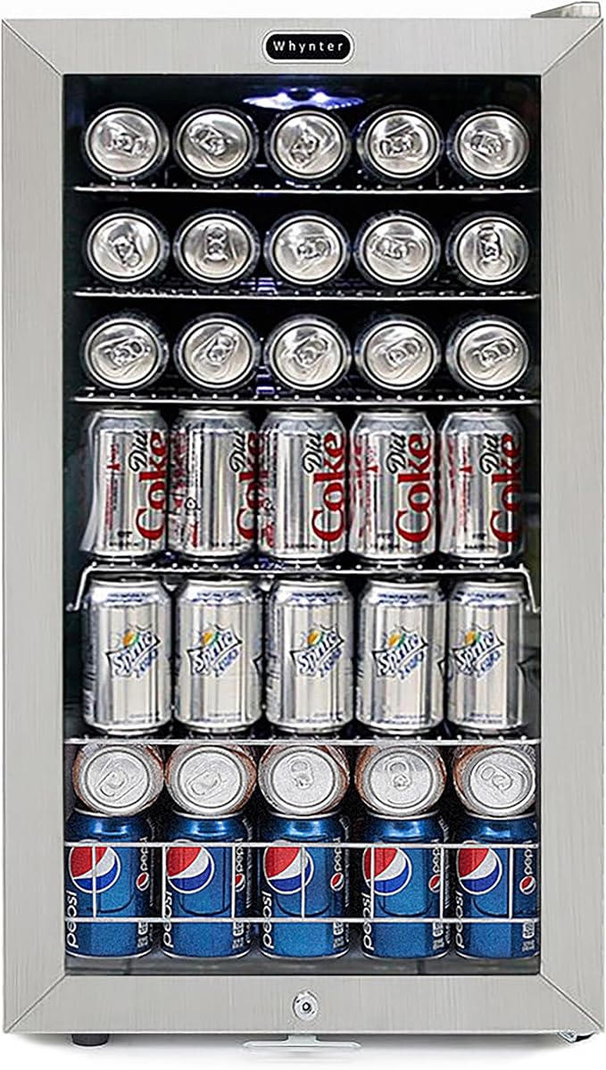Whynter Beverage Refrigerator with Double-Layer Glass Door, 127-Can 3.1 Cu. Ft. Drink Mini Fridge with Lock, BR-128WS, Stainless Steel