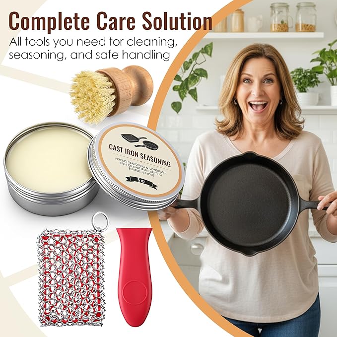 4pcs Cast Iron Cleaner and Care Kit - 6oz Cast Iron Seasoning Wax, Chainmail Cleaning Scrubber, Silicone Pot Handle Holder and Bamboo Dish Brush for Wok, Skillet, Pan, Dutch Oven, Griddle