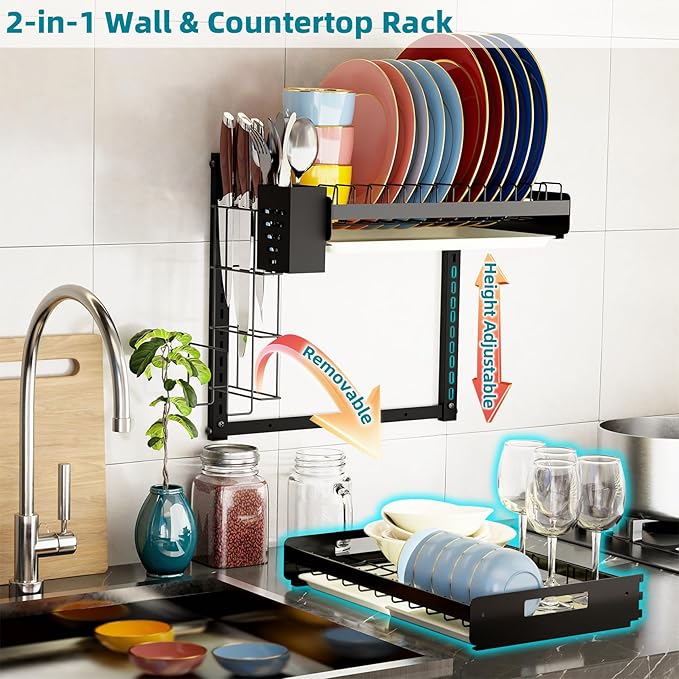 Hanging Wall Mounted Dish Drying Rack with Cutting Board Rack*1, Hook*4, Drain Tray*2, Apartment & RV Wall Mounted Dish Rack, Adhesive Mountable, 2 Layers & 16“ Long, Counter Free (Black)