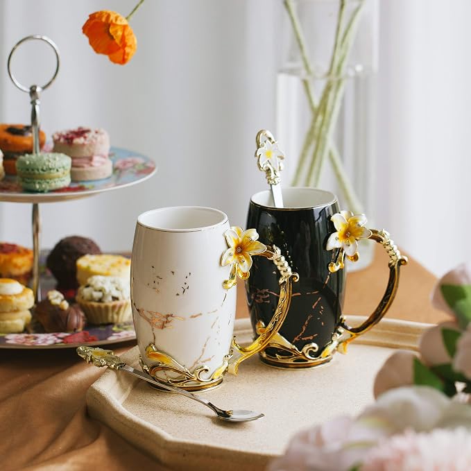 BTaT- Floral Ceramic Mugs with Spoon, Set of 2, Black & White, Fancy Coffee Mugs with Spoon
