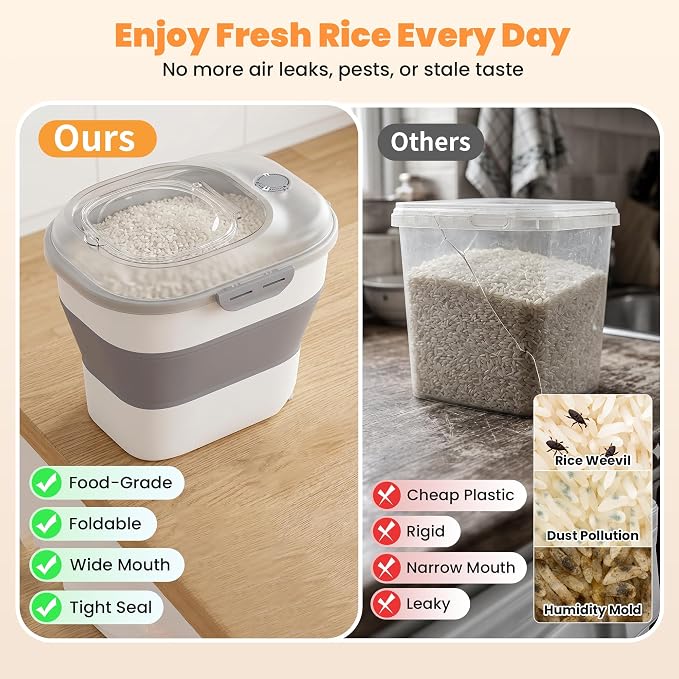 50 Lbs Rice Storage Container with Wheels, Collapsible Airtight Dog Food Storage Container with Transparent Lid, Measuring Cup, Scoop, Handle, BPA Free Rice Holder for Pet Food, Grain, Bird Seed