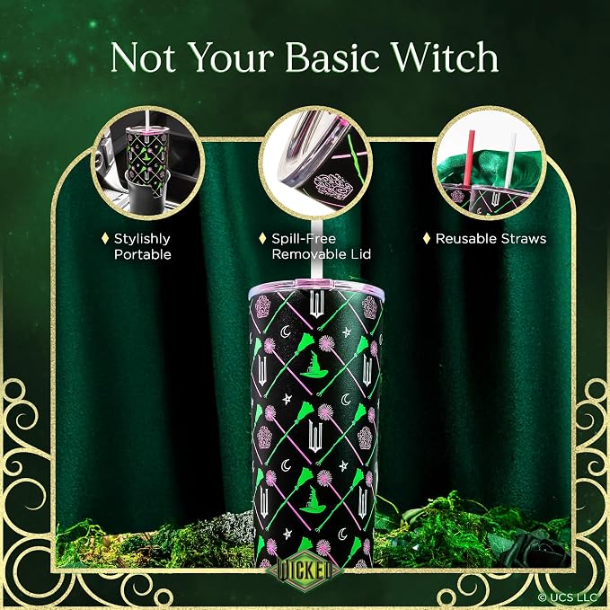 Dragon Glassware x Wicked Vacuum Insulated Tumbler with Lid and Straw - 24 oz Tumbler Cup with 2 Straws - Stainless Steel Tumbler with Straw for Water, Iced Tea - Wicked Movie Green Tumbler with Straw