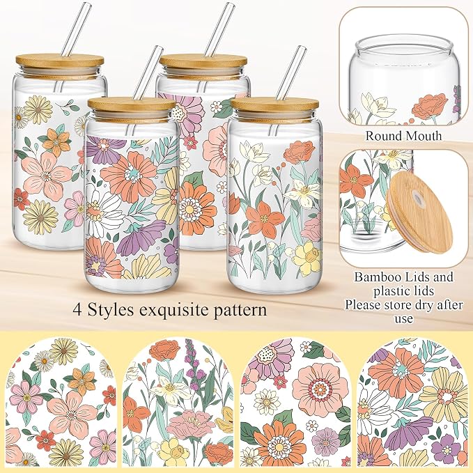Mumufy 4 Pack Wildflower Glass Cups Gift Aesthetic Cute Glass Cup Tumbler Flower Iced Coffee Mugs 16 oz with Bamboo Lid & Straw, for Wedding Birthday Bridesmaid Mom Baby Shower