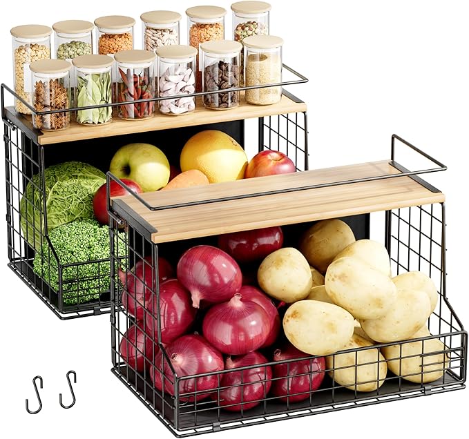 TIDIIABODE Magnetic Shelf for Fridge 2 Pack, Large Container Magnetic Spice Rack for Refrigerator, Fruit Potato and Onion Storage Bins, Magnetic Basket with Wood Lid, Kitchen Counter, Cabinet