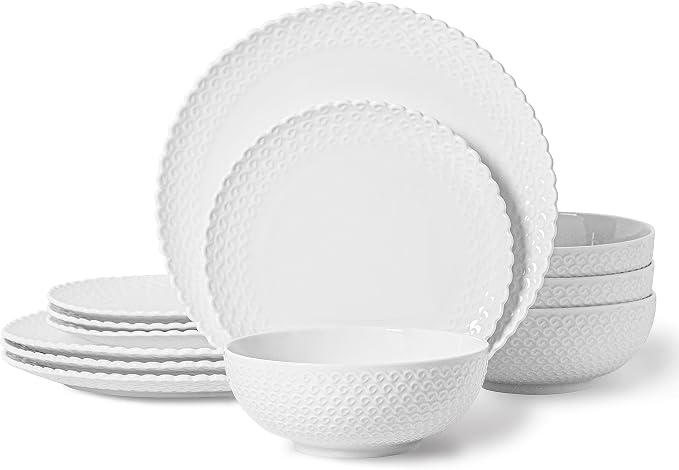 HOMBENE Dinnerware Set, 12 Piece Porcelain Dinnerware with Plates, Bowls and Dishes, Modern Dish Set for 4