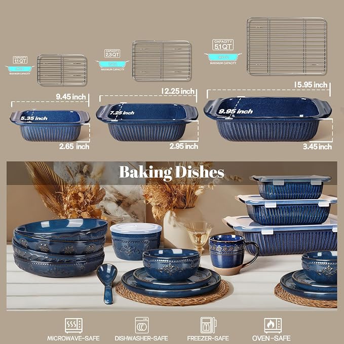 Artena Casserole Dishes For Oven, Ceramic Baking Dish, Large Lasagna Pan With Handles, Baking Pan Casserole Dish, Rectangular Bakeware Deep, Set Of 3 (5.1Qt/2.3Qt/1.1Qt) (Blue, With Racks)