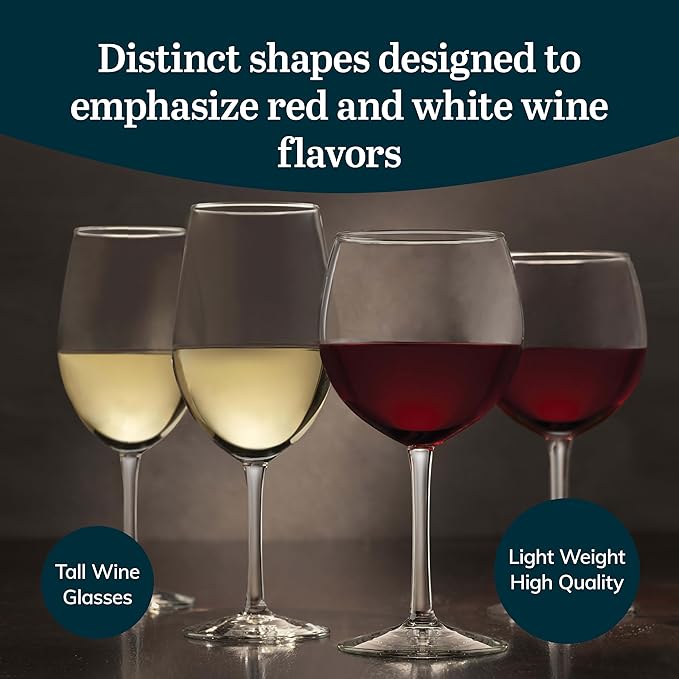 Libbey Vineyard Reserve Wine Glass Set of 12, Red and White Clear Wine Glasses, Merlot, Bordeaux, Chardonnay Gifts, Lead-Free Stemware Glasses