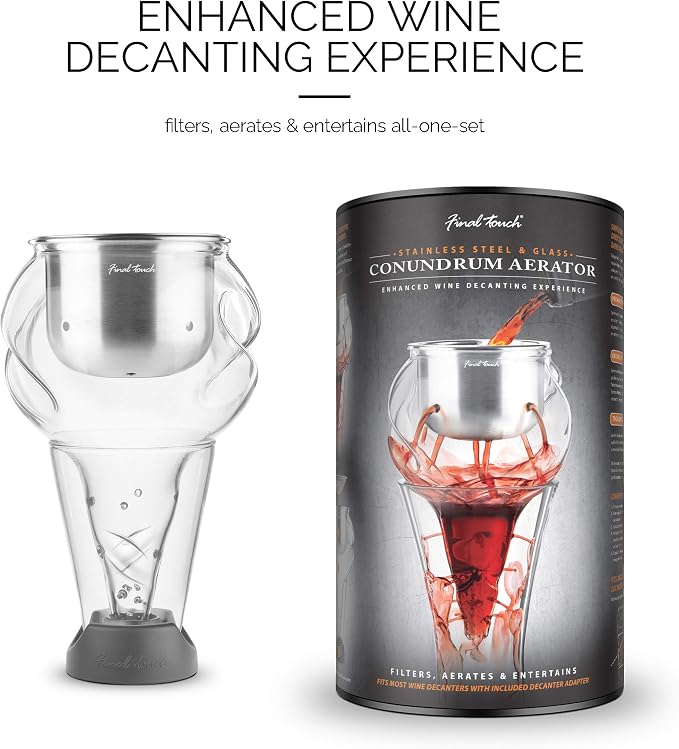 Final Touch Conundrum Stainless Steel Wine Decanter Aerator - Instant Oxygenation, 3 Phase Aeration System, Sediment Filter, Fits Angled & Straight Decanters (WDA595)