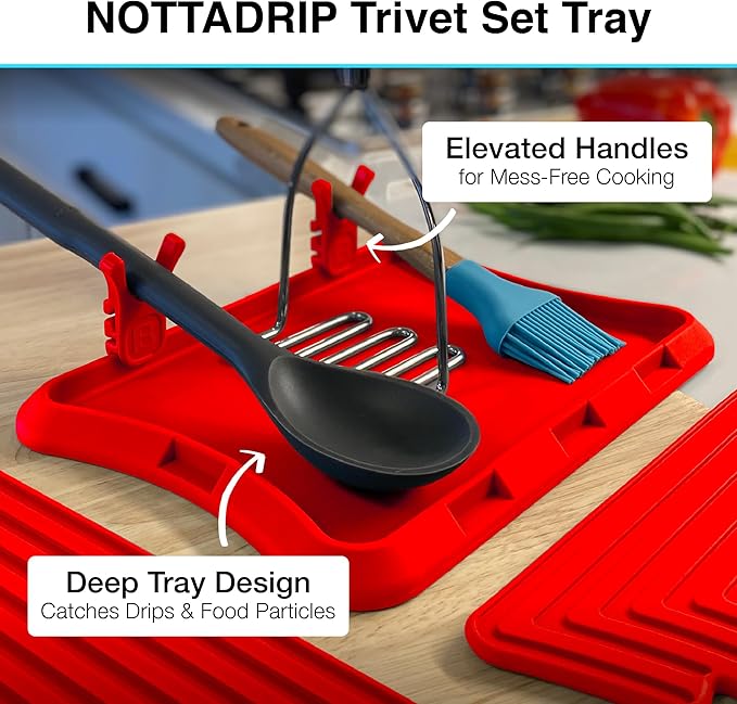 Nottadrip Silicone Spoon Rest for Stove Top - Kitchen Spoon Rest for Countertop, Ladle Holder, All in 1 Serving Station, Elevate Handles, Drip to Tray, Mess Free - 5PC Trivet Set - Red