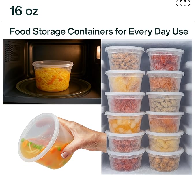 16oz [20 set] Heavy Duty Plastic Deli Container | BPA-Free Food Storage with Airtight Leak‑Proof Lids | Microwave, Freezer & Dishwasher Safe – Stackable, Bulk Reusable Soup & Meal Prep Tub