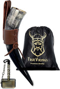 Drinking Horn — 10-12 Inch Viking Gifts for Men & Women | With Thor Bottle Opener & Stand | Handmade & Real Ox Horns | Norse Viking Cup Perfect For Beer, Ale, Mead (12 Oz) (Natural Polished)