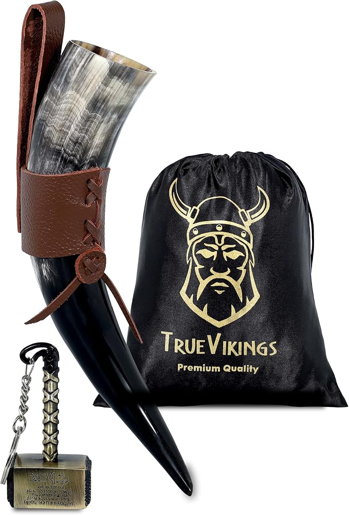 Drinking Horn — 10-12 Inch Viking Gifts for Men & Women | With Thor Bottle Opener & Stand | Handmade & Real Ox Horns | Norse Viking Cup Perfect For Beer, Ale, Mead (12 Oz) (Natural Polished)