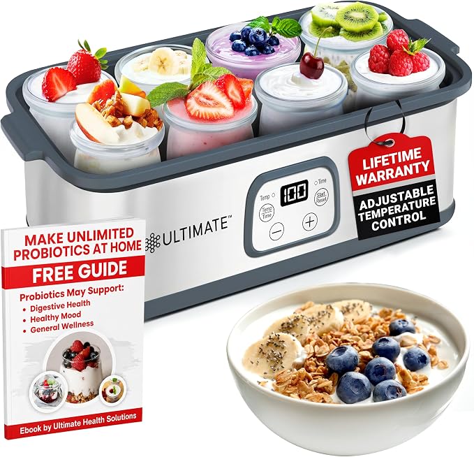 Ultimate Probiotic Yogurt Maker for Easy-to-Make Live Probiotics at Home with Adjustable Time & Temp Control, Best Kitchen Gift for Men & Women's Gut Health, UNLIMITED LIFETIME WARRANTY (8-Jar Model)