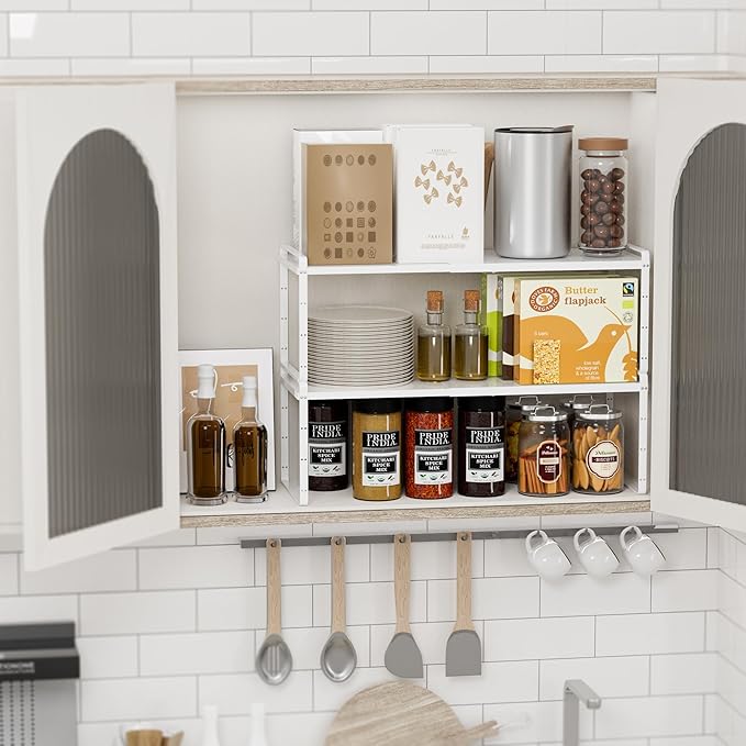 SANNO Expandable Kitchen Shelf Organizers, Cabinet Cupboard Storage Rack,Stackable Counter Shelf Organizer Space Riser Pantry Cupboard Storage Rack, White, 2 pack