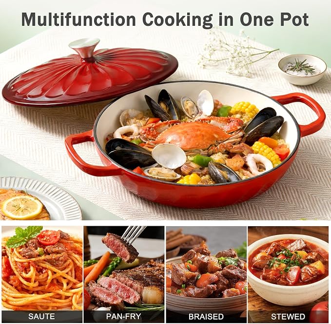 Enameled Cast Iron Dutch Oven, 3.8 Quart Dutch Oven Pot with Lid, Shallow Cast Iron Braiser with Handles, Oven Safe up to 500°F (Red)