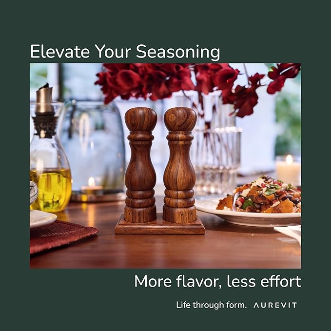 Wooden Salt and Pepper Grinder Set, Manual Salt and Pepper Mill with Ceramic/Stainless Steel Core, Refillable Salt Grinder with External Adjustable Coarseness, 9” Tall (Acacia)