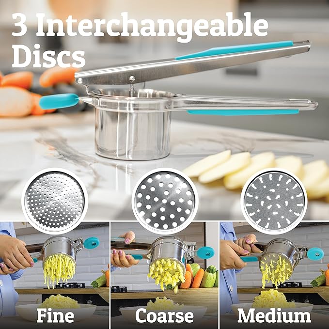 PriorityChef Large 15oz Potato Ricer With 3 Discs, Heavy Duty Stainless Steel Potato Ricer for Mashed Potatoes, Potato Masher, Press and Ricer Kitchen Tool, Turquoise