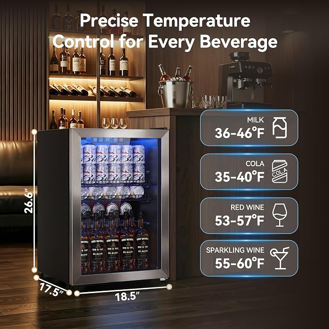 Tehanld 2.5 Cu.Ft Beverage Fridge, Beverage Fridge With Glass Door, Beverage Cooler Refrigerator, Wine Drink Beer Cooler, Adjustable Shelves & Digital Temperature Display, 22 Bottle 96 Can