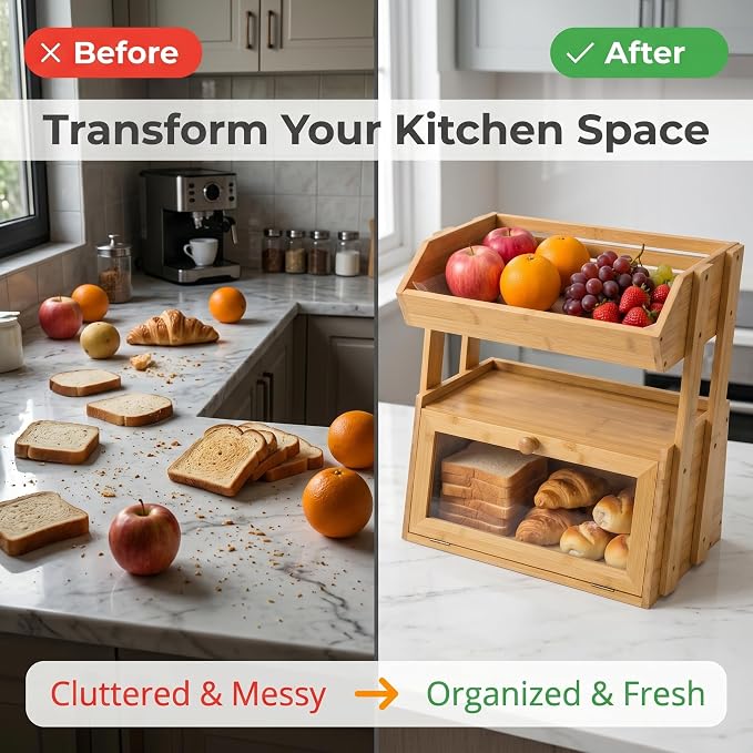 Bamboo Bread Box for Kitchen Countertop, 2 Tier Large Storage with Fruit Basket Top and Window, Farmhouse Organizer for Snacks & Vegetables