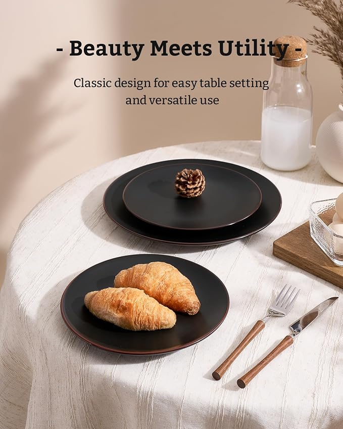 Famiware Venus Plates and Bowls Sets with Trim, 12 Pieces Stoneware Chip‑Resistant Dishes Dinnerware Set for 4, Matte Black - Microwave/Dishwasher Safe, Modern Minimalist, Everyday Meals/Formal Dining
