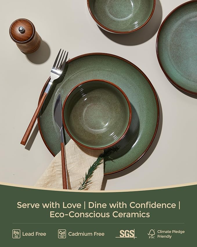 Pokini 24 Piece Double Bowl Dinnerware Sets with Pasta Bowls, Highly Chip and Crack Resistant Plates and Bowls Sets, Natural Earthyware Ceramic Dishware Sets, Service for 6 Brown Green