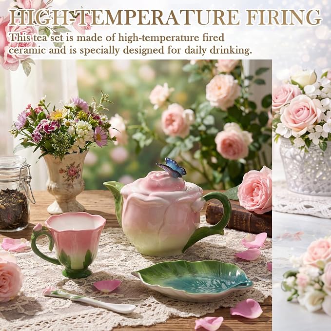 Rose Flower Teapot and Cup Set – 22oz Ceramic Decorative Teapot & 6.8oz Cup with Saucer & Spoon for Women, Pink Hand Painted Vintage Floral Teaware Coffee Mug Gift for Teacher Birthday Wedding