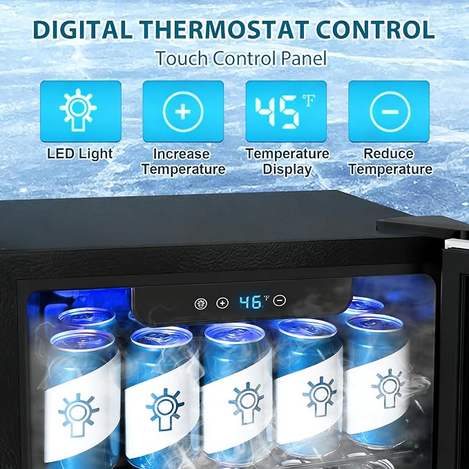 Electactic 48 Can Beverage Refrigerator,12 Bottle Wine Cooler with Seamless Stainless Steel & Glass Door, Digital Temperature Display, Countertop Mini Fridge for Soda, Wine or Beer, Silver