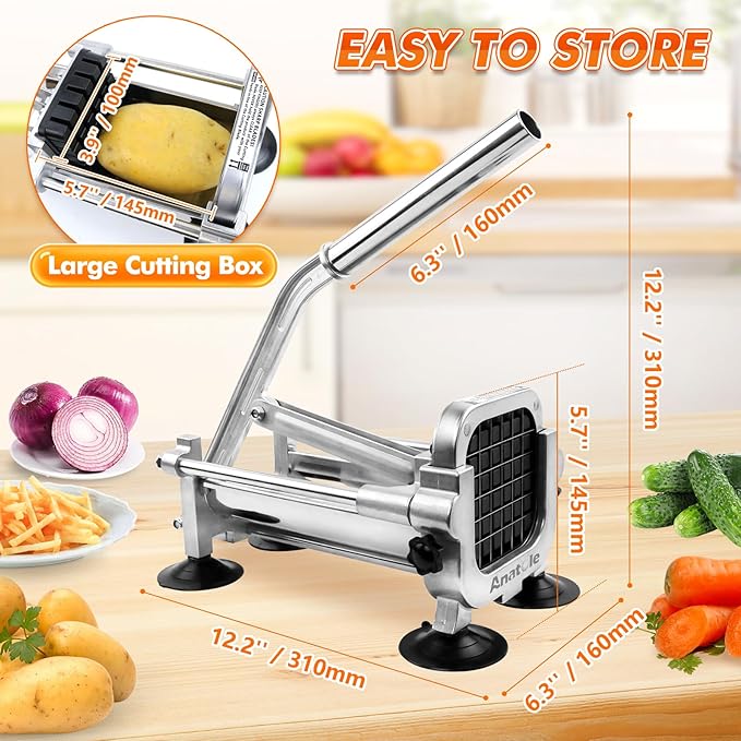 Anatole Professional French Fry Cutter Stainless Steel with 3/8'' 1/2'' Blades Manual Potato Slicer Veggie Chopper Homestyle Dicer for Onions Carrots Cucumbers