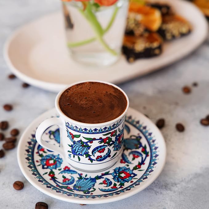 Turkish Coffee Cup Set of 2 with Saucers & Holder – Ceramic, Dishwasher-Safe, Keeps Warm – Patterned Turkish Espresso Cups Set for Home & Office (Standart, 2, Count)