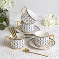CwlwGO-European Style Ceramic Coffe Cup and Saucer Sets, 7 Oz Bone China Beautifully Glazed Blue Gold Tea Cup Set, Golden Spoon,Cappuccino, Latte, Suitable For Women's Gifts (4 pack)